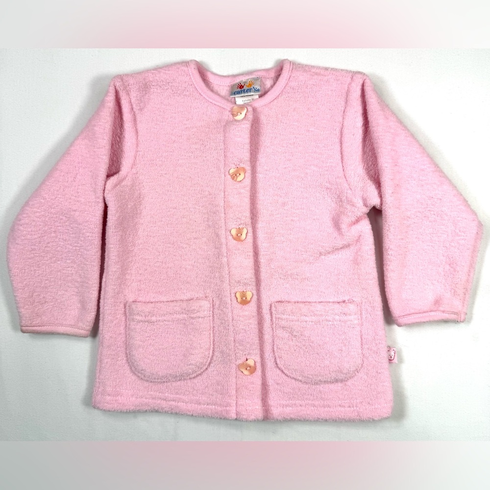 CARTER’S VINTAGE Girls Fuzzy Pink Bear Button Cardigan 18–24M Taiwan 90s‎ Retro